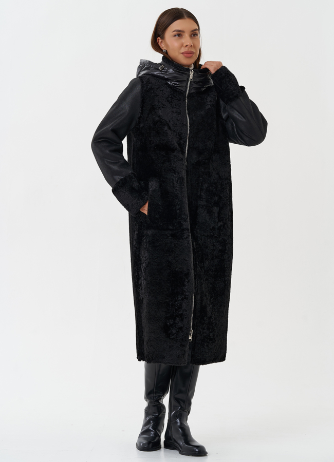 Двухсторонняя дубленка из эко кожи с капюшоном модель № 28563 в кредит