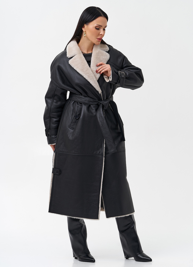 Удлиненная женская дубленка с английским воротником  модель № 23645 универмаг малина