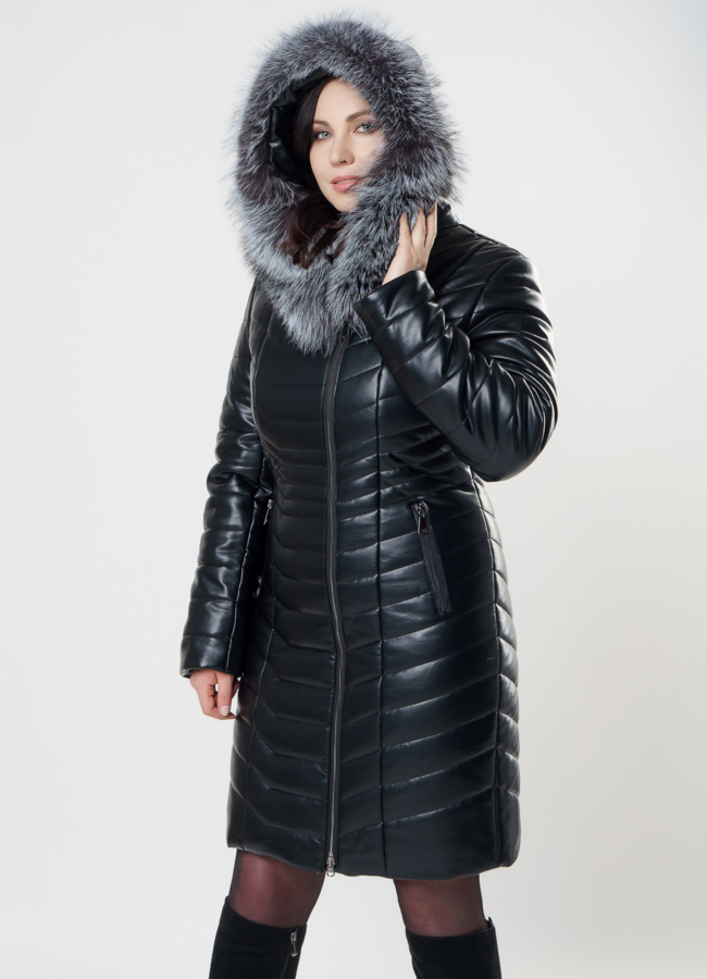 Пуховик из эко кожи с чернобуркой модель № 82059 универмаг малина