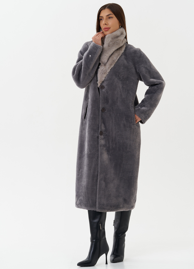 Длинная дубленка из эко кожи с воротником шаль модель № 27782 универмаг малина