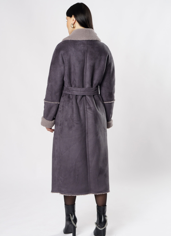 Удлиненная дубленка из эко кожи с поясом модель № 18264 в рассрочку