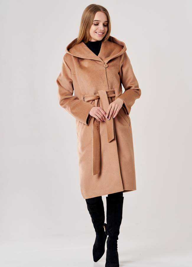 Пальто женское коричневого цвета с капюшоном модель № 038 в рассрочку