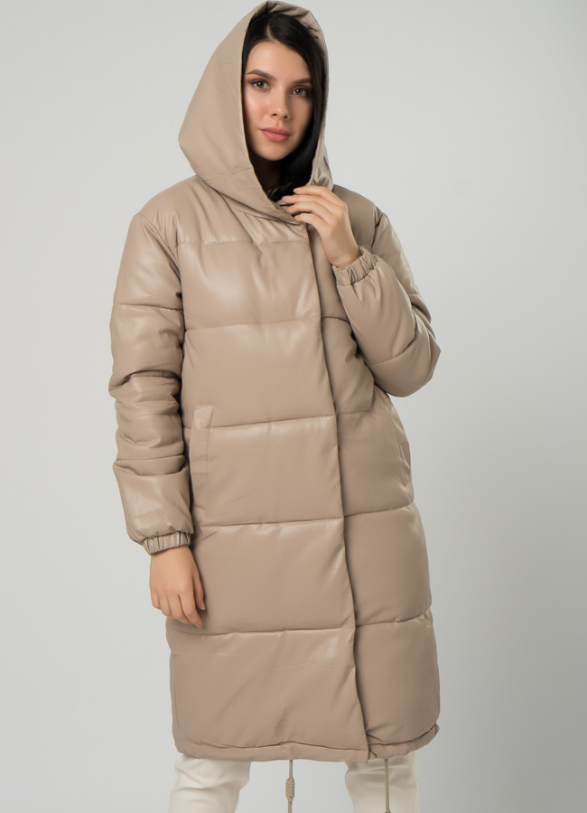 Длинный пуховик из эко кожи модель № 73321 универмаг малина