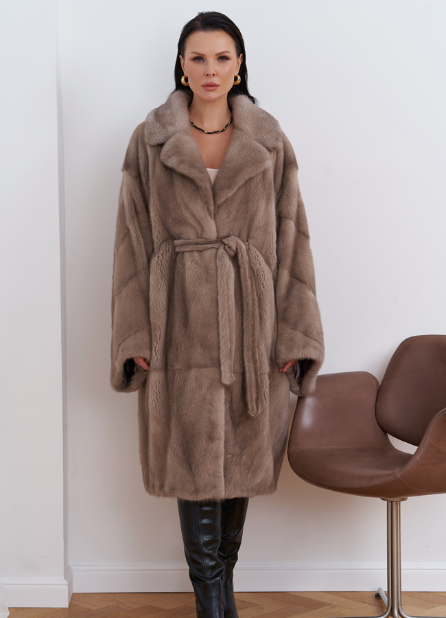 Шуба из меха скандинавской норки с поясом модель № 27612 меха малина