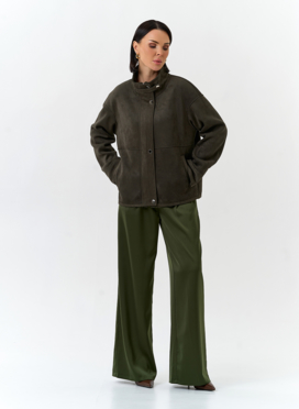 Женская дубленка из эко замши с воротником стойкой