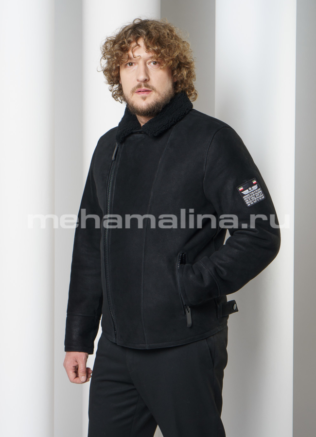Дубленка черного цвета на молнии с воротником модель № DM-122 универмаг малина