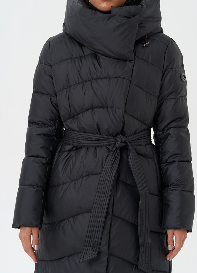 Женский пуховик с поясом модель № 28496 универмаг малина