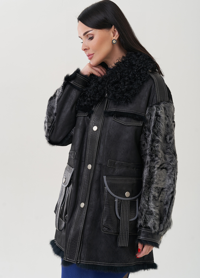 Полупальто черное из меха кролика модель № 25547 меха малина