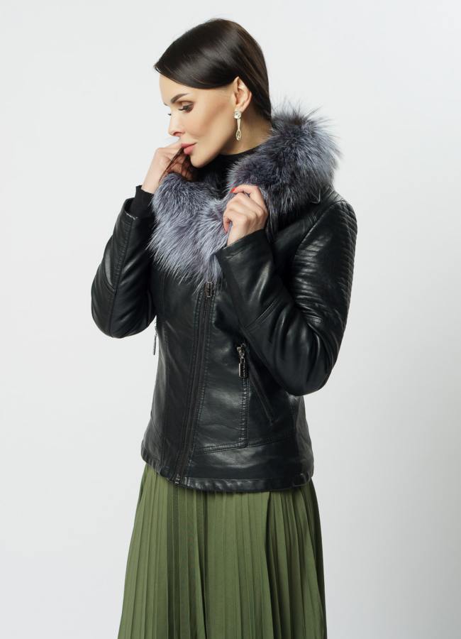 Куртка черная из эко кожи с отделкой чернобурка модель № 18238 универмаг малина