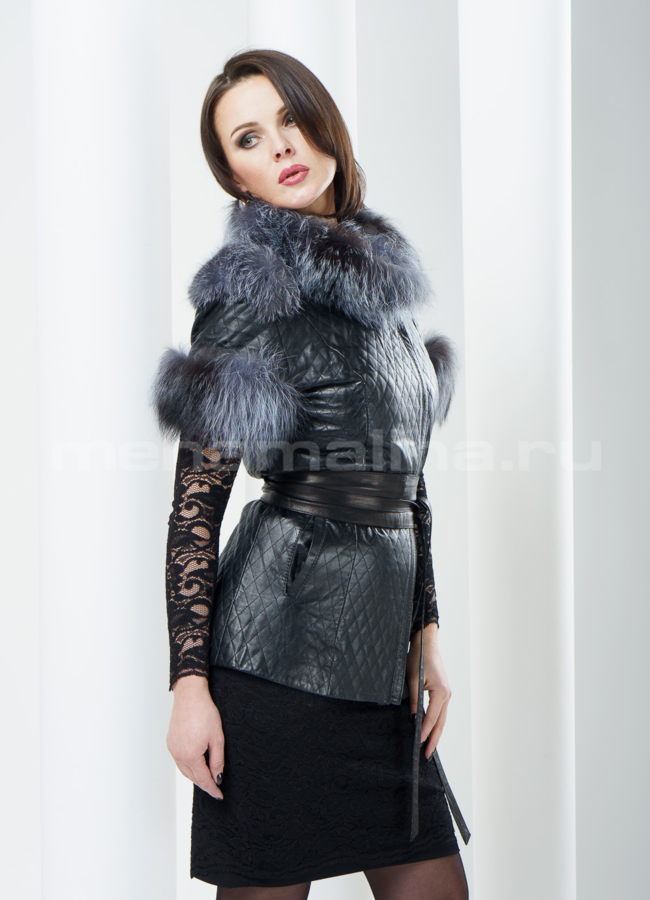 фото Кожаный жакет весна 2015 с меховой отделкой модель № M-35