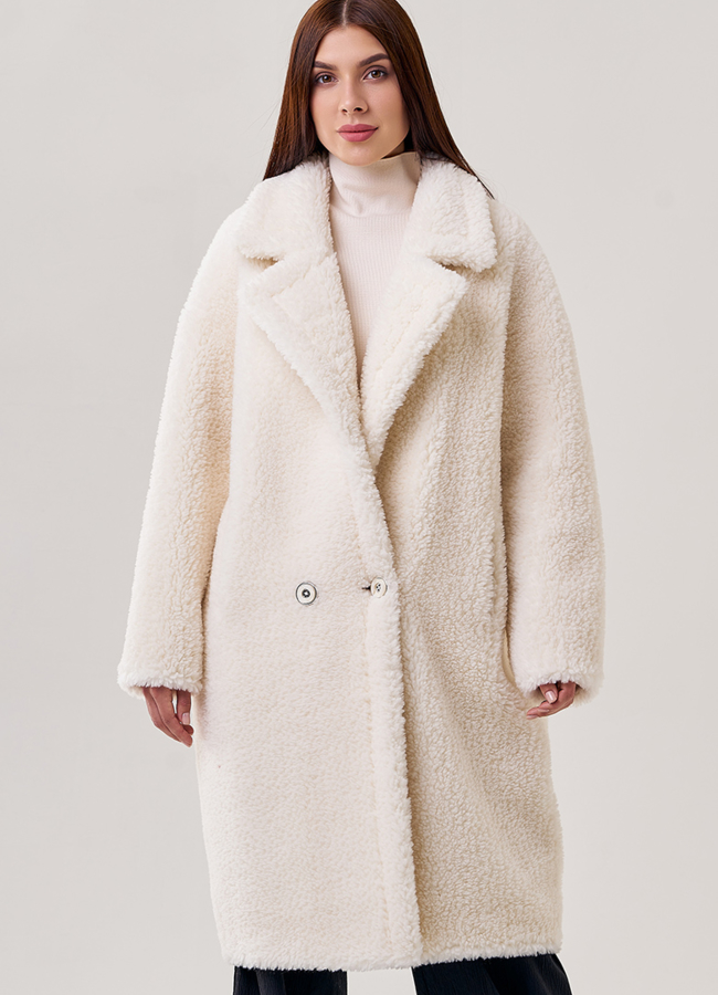 Белая шуба из шерсти с английским воротником модель № 19427 меха малина