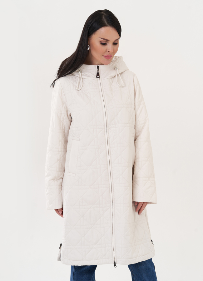 Светлое стеганое пальто с капюшоном модель № 27008 в кредит