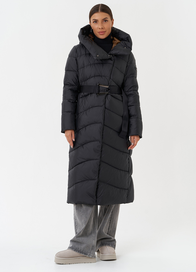 Женский пуховик с поясом модель № 28496 меха малина