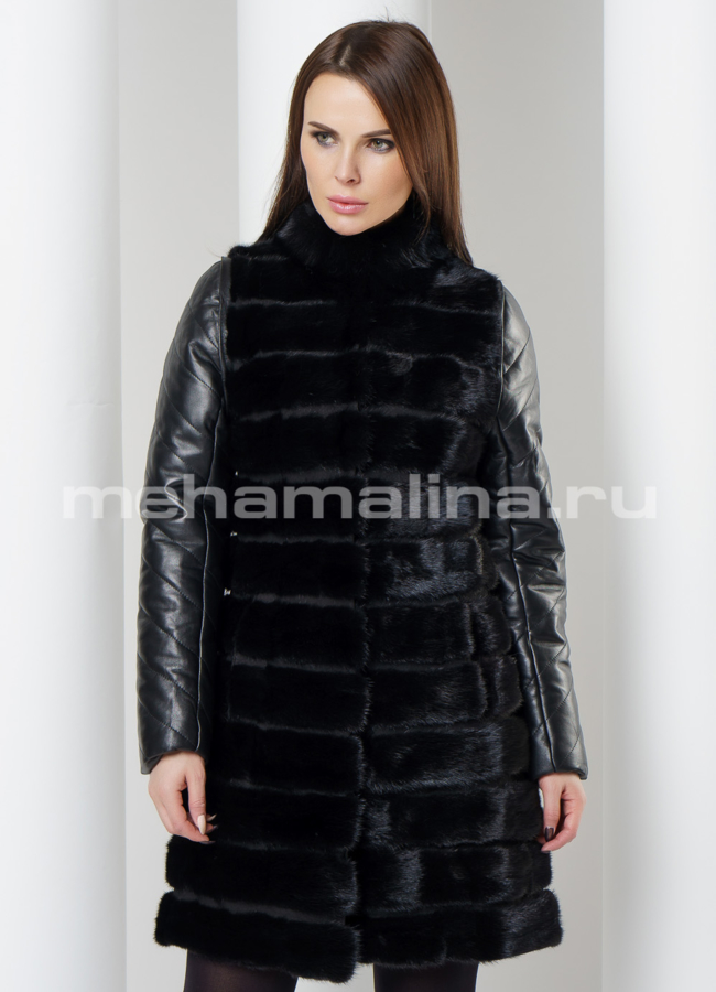 Френч с кожаными рукавами модель № K-398 меха малина