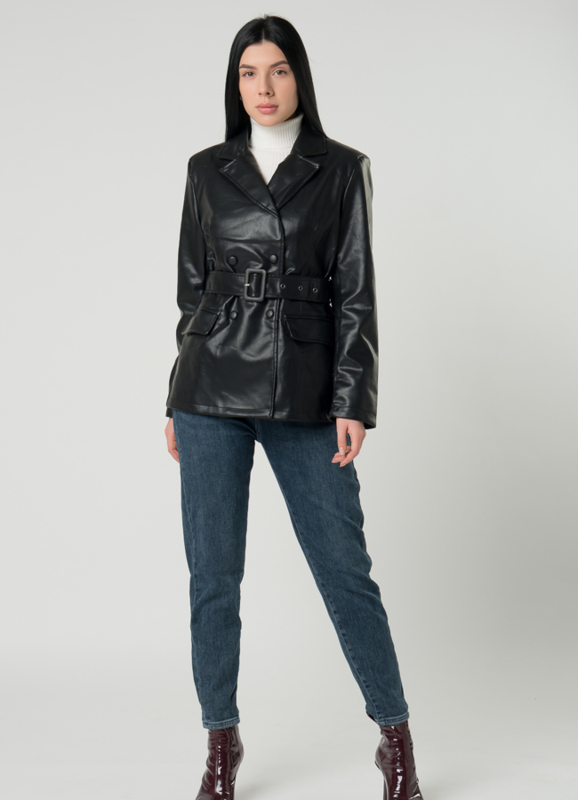 фото Женский пиджак черного цвета с поясом из эко кожи модель № 22408