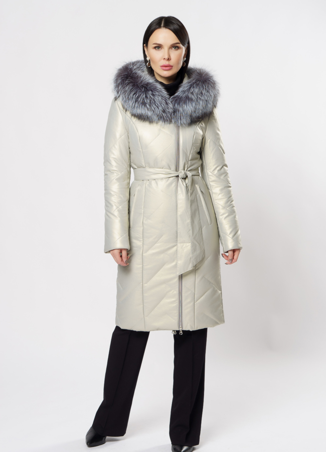 фото Удлиненный пуховик из эко кожи с чернобуркой модель № 19347