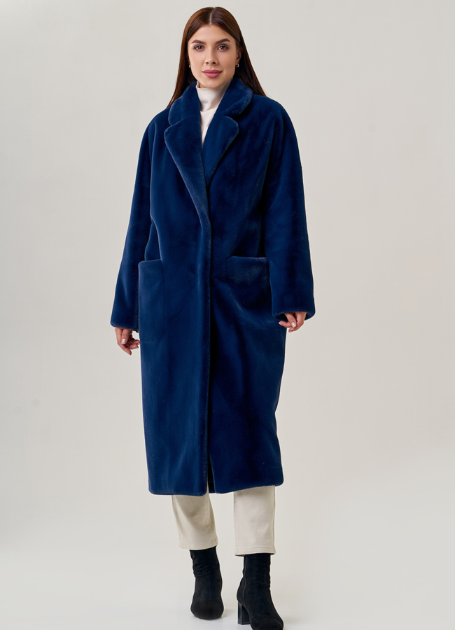 Длинное пальто из искусственного меха с английским воротником модель № 23189 универмаг малина