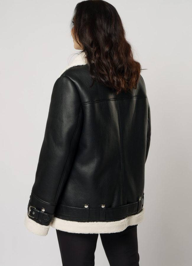 Дубленка пилот из эко кожи черного цвета модель № W5 в рассрочку