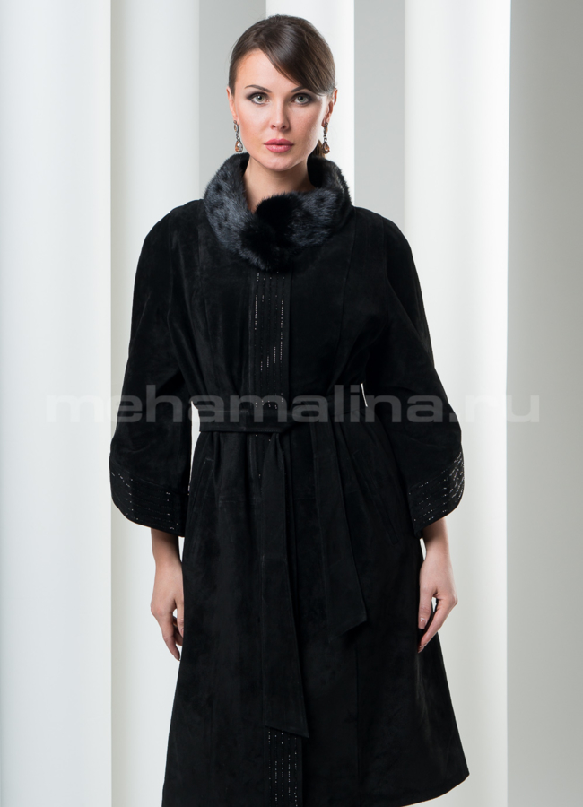 фото Замшевый плащ черного цвета модель № K-172