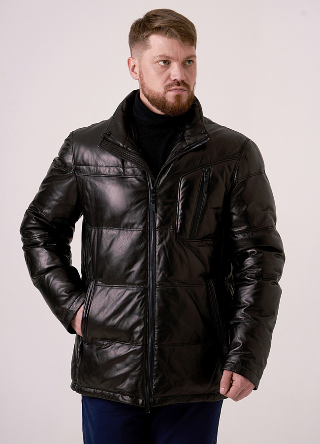 Пуховик из натуральной кожи черного цвета со съемным капюшоном модель № 9222 универмаг малина