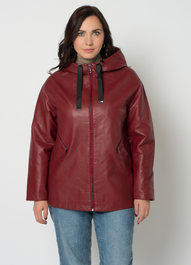 Куртка из эко кожи в красном цвете с капюшоном модель № 21693 меха малина