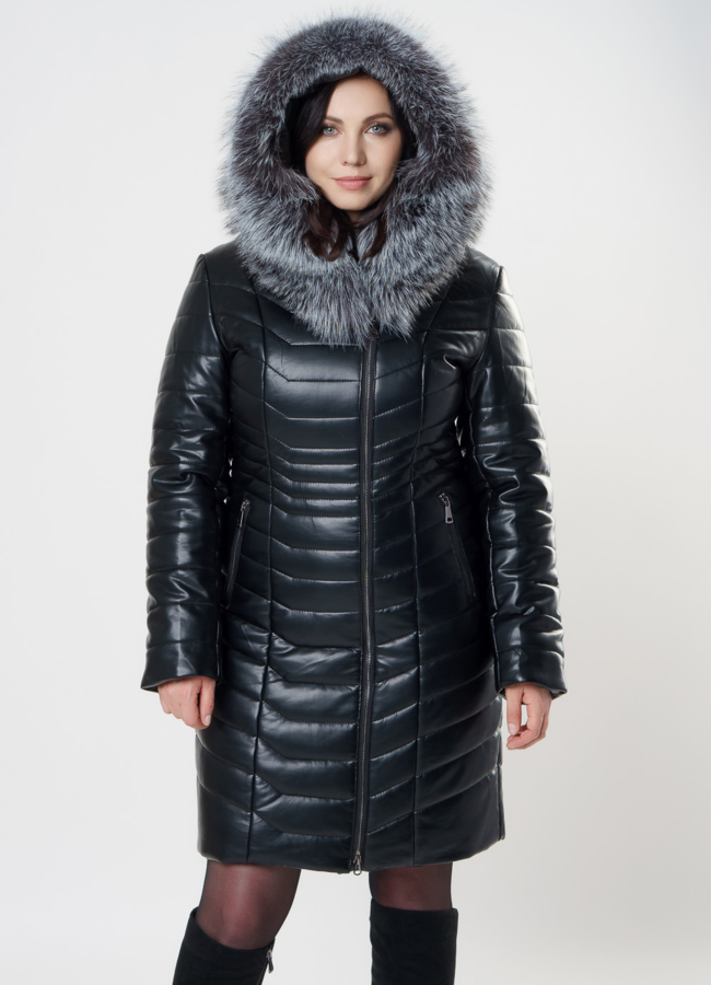 Пуховик из эко кожи с чернобуркой модель № 82059 универмаг малина