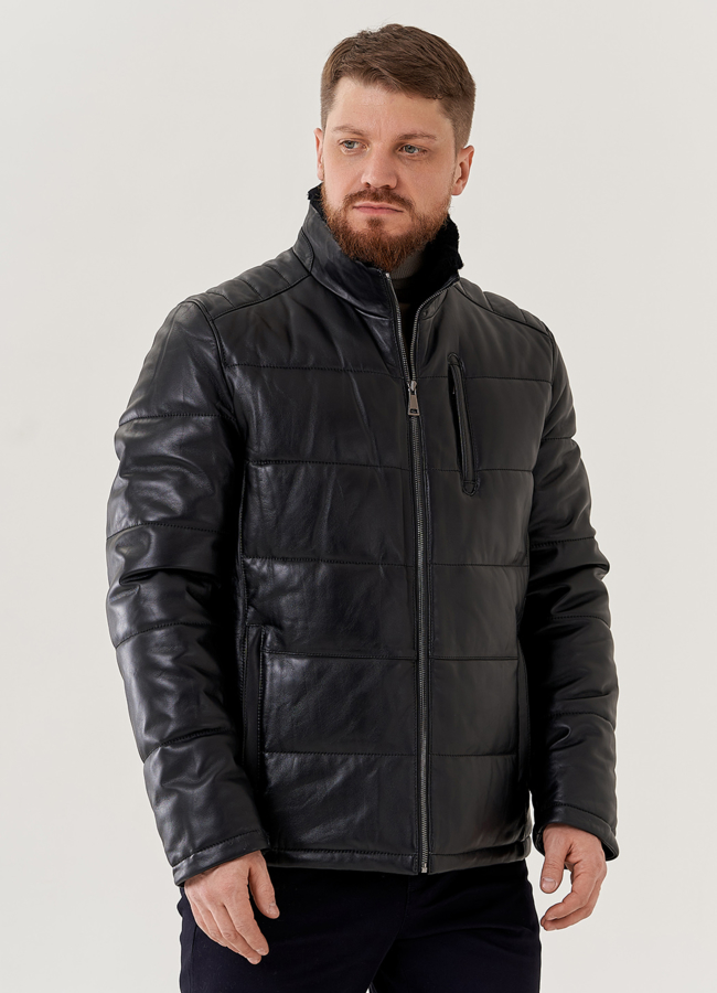 Куртка мужская из натуральной кожи со стойкой  модель № 79609 меха малина