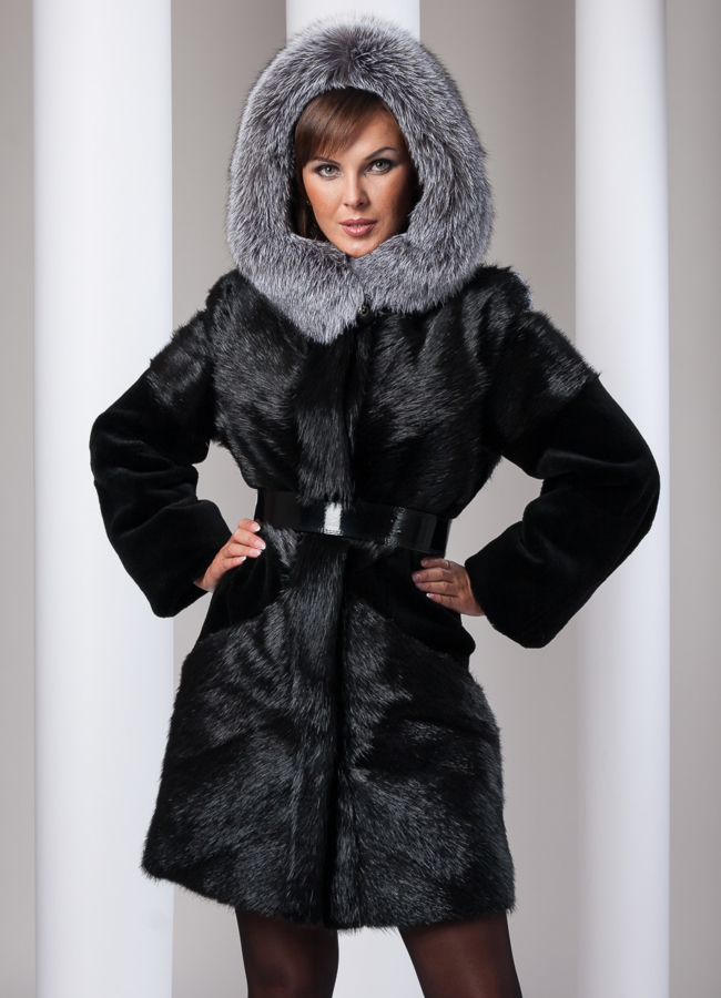 Шуба нутрия с чернобуркой модель № S-55 в кредит