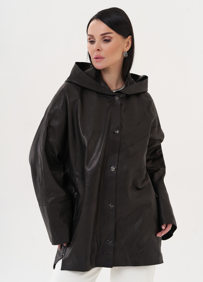 фото Удлиненная куртка из натуральной кожи с капюшоном модель № 27144
