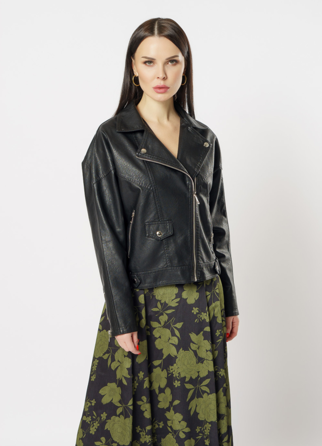 Куртка из эко кожи черного цвета модель № 163 меха малина