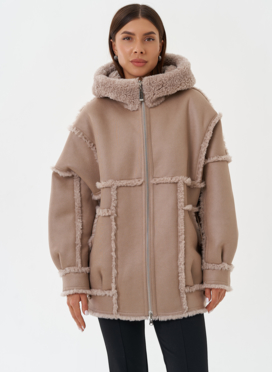 Двухсторонняя эко дубленка с капюшоном