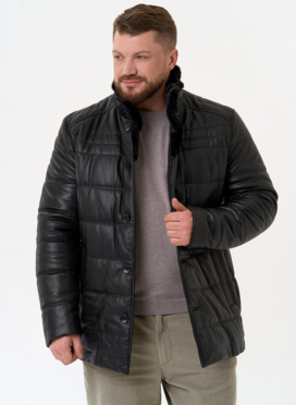 Пуховик из натуральной кожи с воротником стойкой