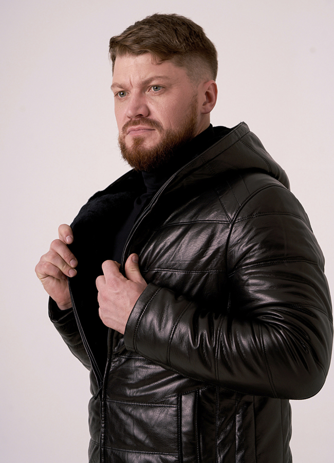 Пуховик из натуральной кожи с капюшоном модель № 3289 в кредит