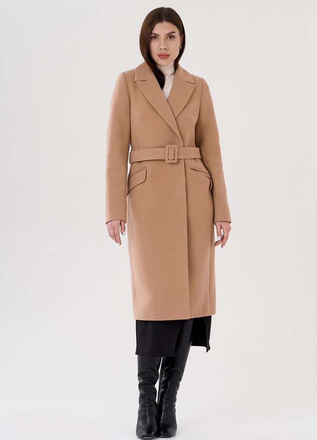 Классическое женское пальто в бежевом цвете модель № 23451 в рассрочку