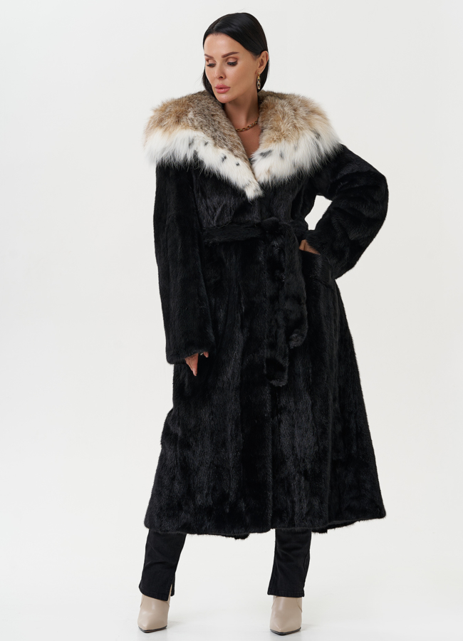 Норковая шуба с капюшоном из меха рыси модель № 28022 меха малина