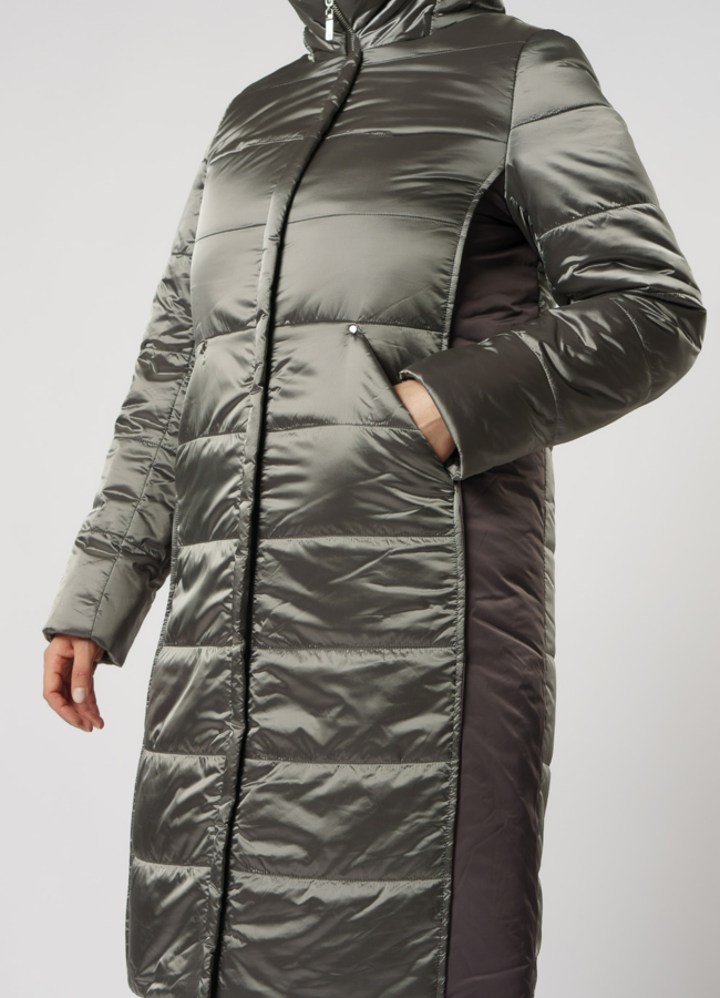 Серый пуховик на молнии с капюшоном модель № 238 универмаг малина