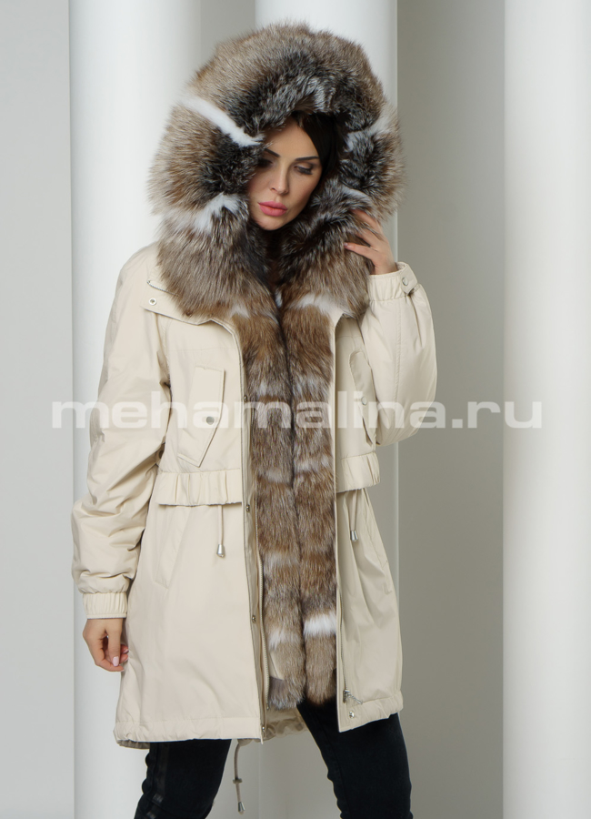 Светлая меховая парка на молнии с капюшоном модель № 972 универмаг малина