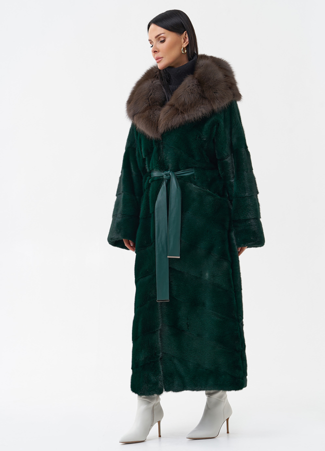 Длинная зеленая шуба из норки модель № 29253 универмаг малина