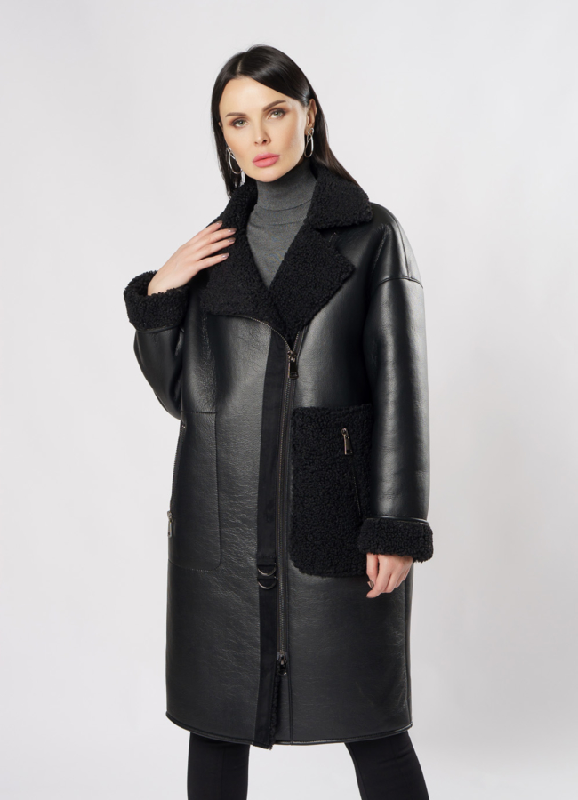Дубленка из эко кожи черного цвета на молнии модель № 2026-2 универмаг малина