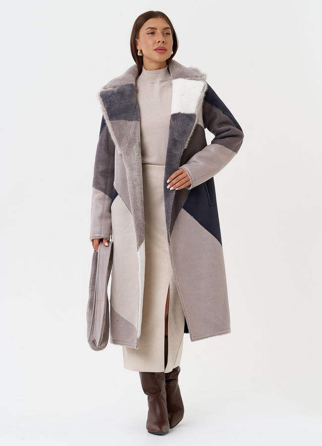 Двухсторонняя эко дубленка с поясом модель № 27776 универмаг малина