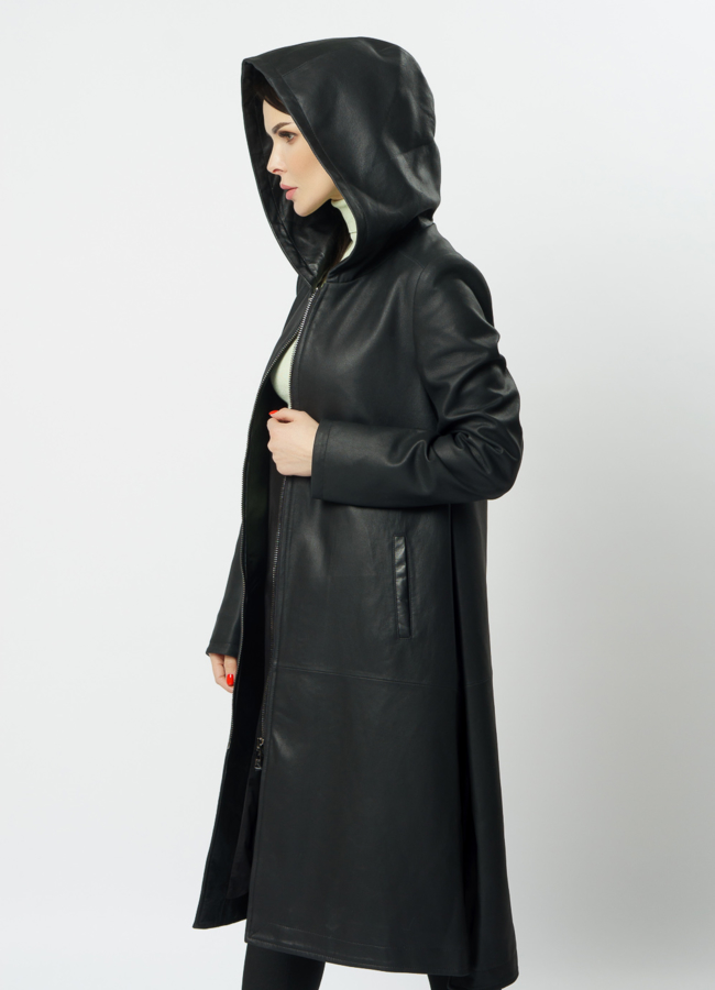 Пальто с капюшоном из натуральной кожи  модель № 10711 универмаг малина