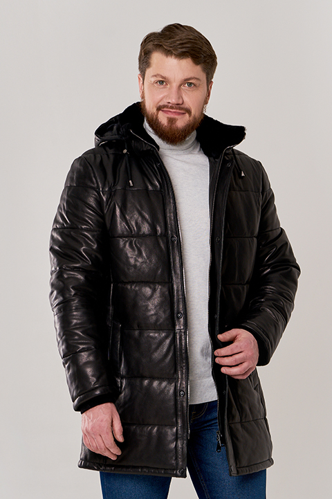 Длинный мужской пуховик модель № П-501 меха малина