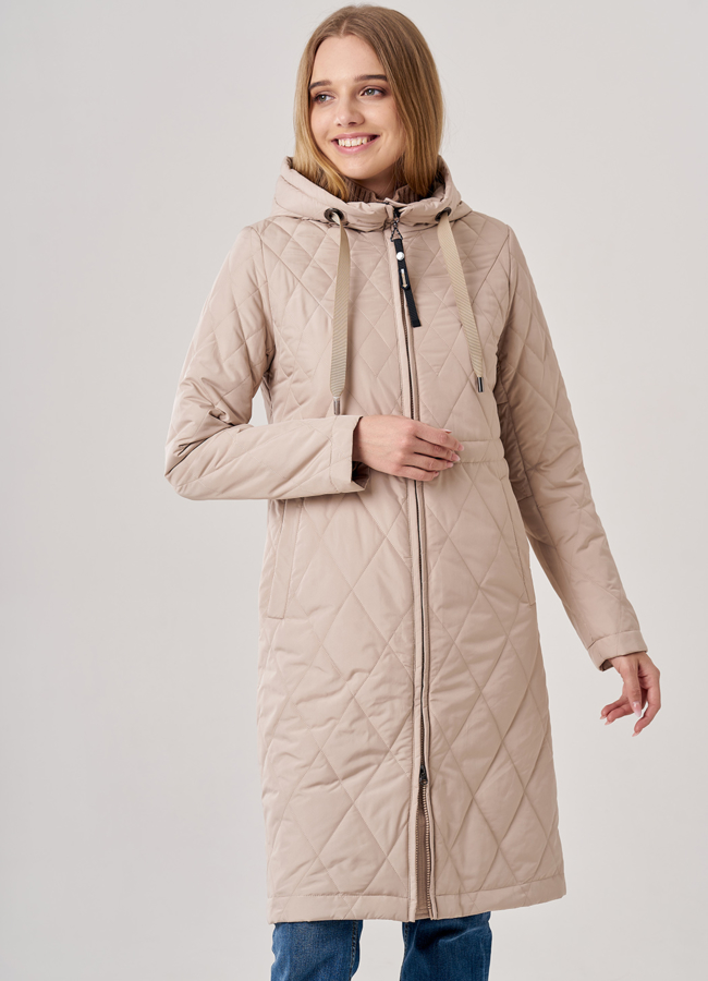 Полупальто женское бежевого цвета модель № 20603 меха малина