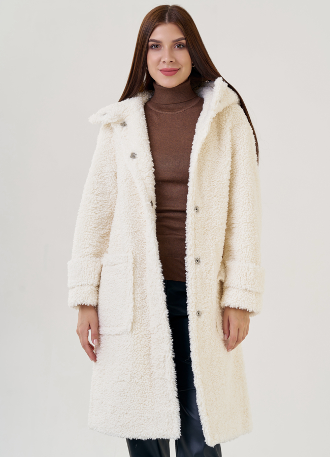 Женское полупальто белого цвета с капюшоном  модель № 23242 универмаг малина