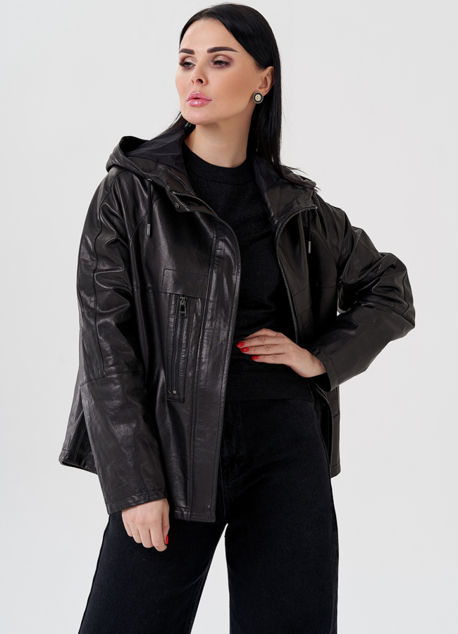 Женская куртка из натуральной кожи с капюшоном  модель № 24091 универмаг малина