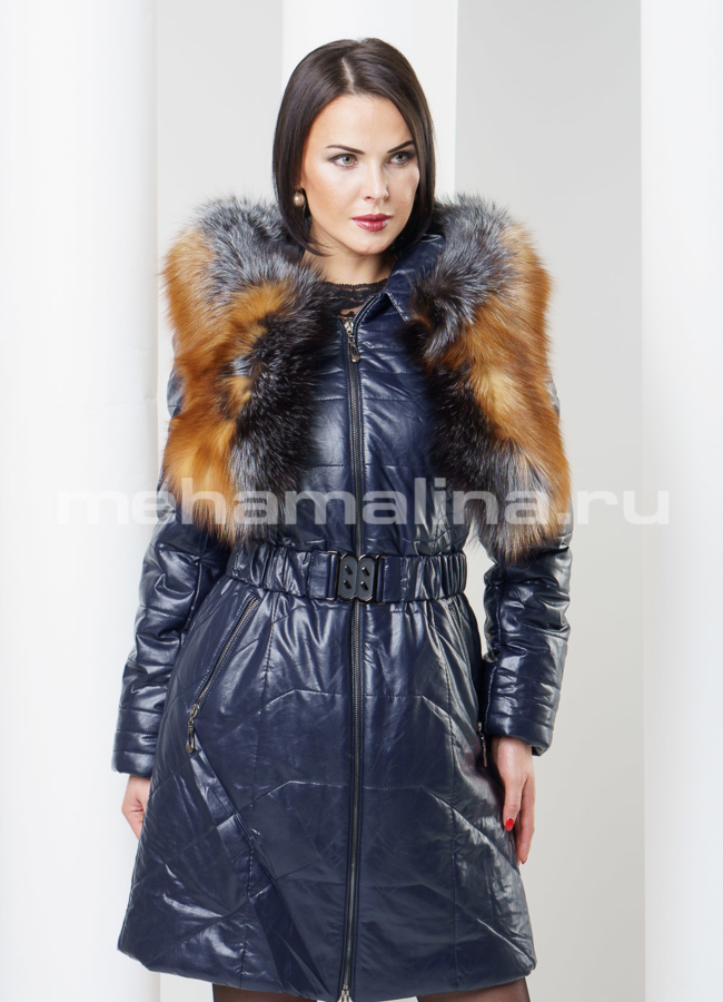 фото Пуховик из экокожи, цвет индиго модель № П-41