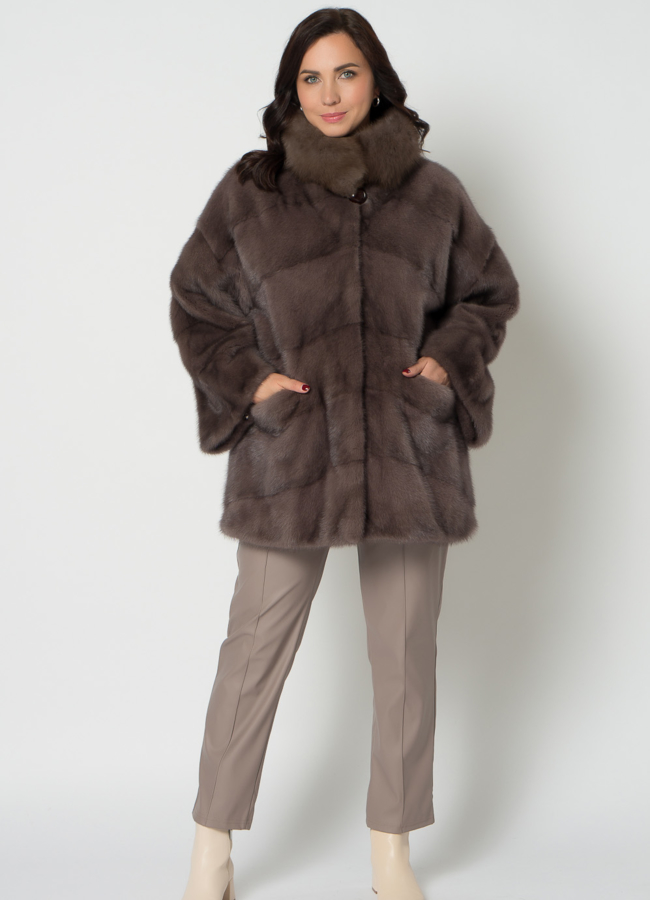 фото Норковая шуба с воротником стойкой с отделкой из куницы модель № 21602
