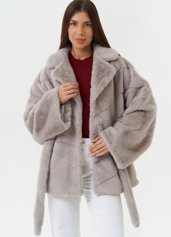 Короткая шуба из эко меха с поясом модель № 27714 универмаг малина