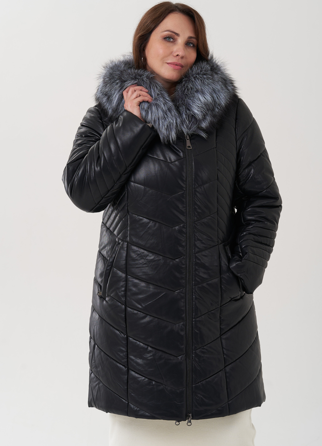 Пуховик из эко кожи с капюшоном на молнии модель № 2639 универмаг малина
