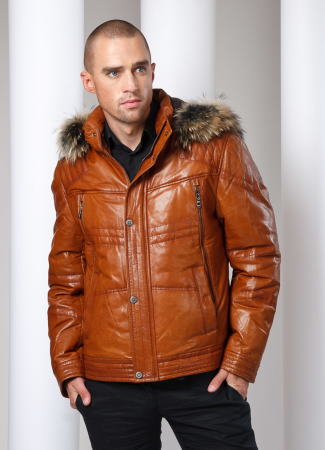 Кожаный пуховик модель № ПМ-2 меха малина Кожаный пуховик модель № ПМ-2 меха малина